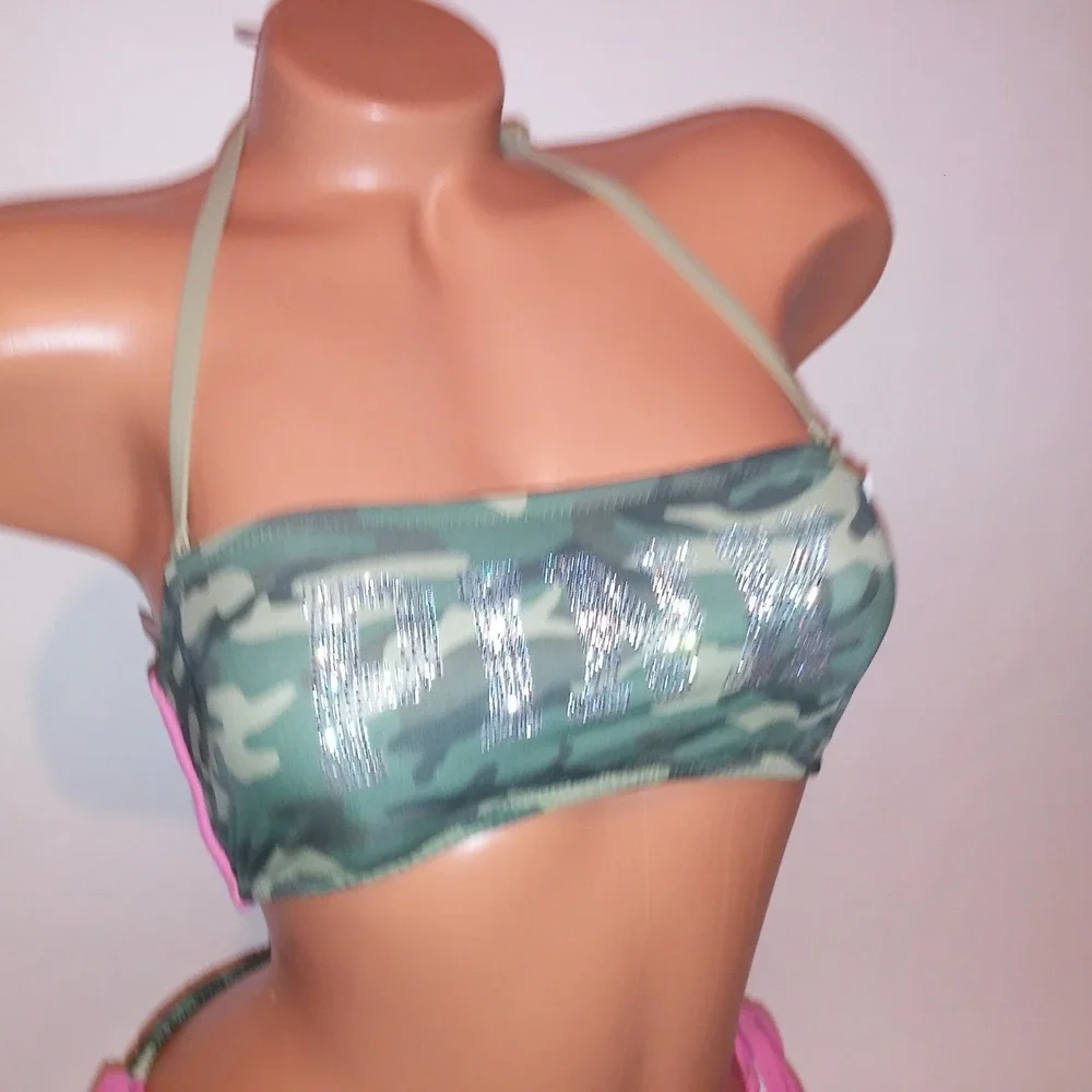 Victoria Secret PINK Swim Bikini Medium Top & Bottom Green Camo String Bandeau
